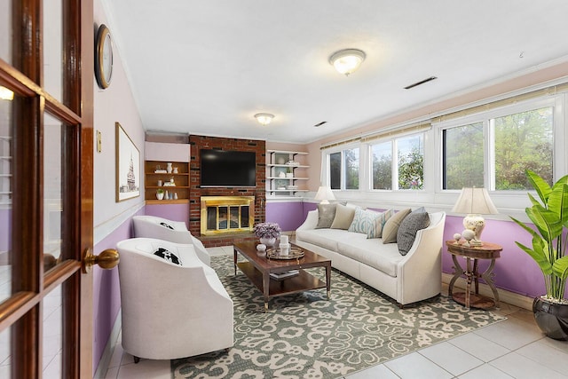 88 Hilltop St, Milton, MA 02186 - living room with built in shelves, tile patterned floors, a brick fireplace, and baseboards
