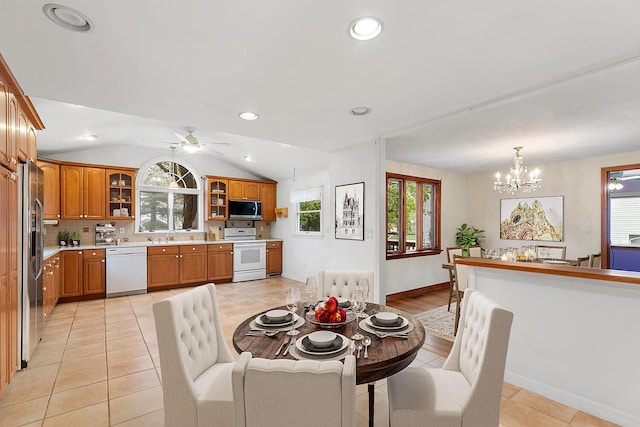88 Hilltop St, Milton, MA 02186 - dining space with plenty of natural light, a chandelier, a ceiling fan, recessed lighting, and lofted ceiling