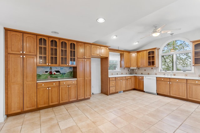88 Hilltop St, Milton, MA 02186 - kitchen with dishwasher, decorative backsplash, a ceiling fan, light countertops, and lofted ceiling