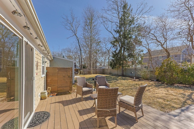 wooden terrace featuring a fenced backyard