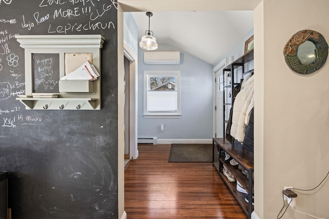 interior space with wood finished floors, baseboards, a wall mounted AC, lofted ceiling, and a baseboard heating unit