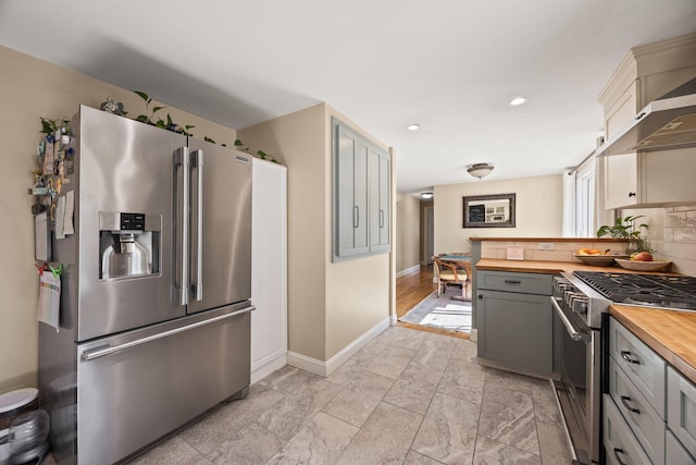 kitchen with gray cabinetry, backsplash, appliances with stainless steel finishes, butcher block counters, and baseboards