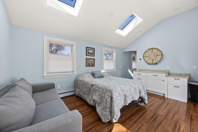 bedroom with dark wood finished floors, vaulted ceiling with skylight, and a baseboard radiator