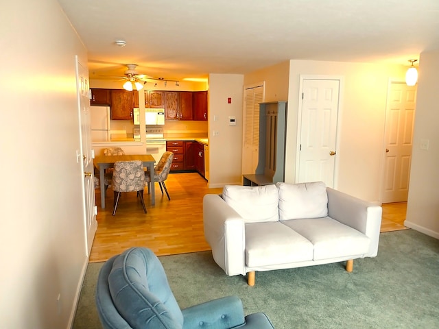 living room featuring light hardwood / wood-style floors and ceiling fan