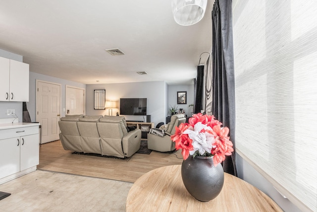 living area with light floors and visible vents