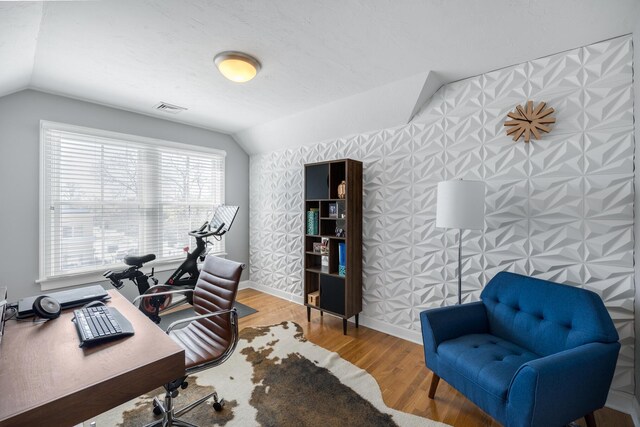 480 Main St Unit 1U, Falmouth, MA 02540 - office area with lofted ceiling, baseboards, visible vents, and wood finished floors