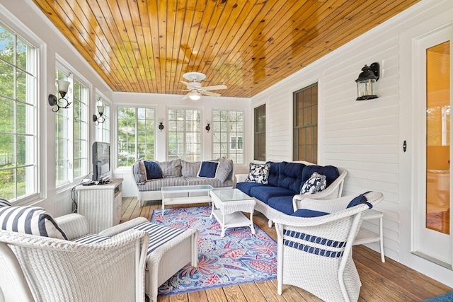 sunroom with wood ceiling and ceiling fan