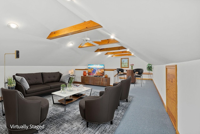 carpeted living room featuring lofted ceiling with beams