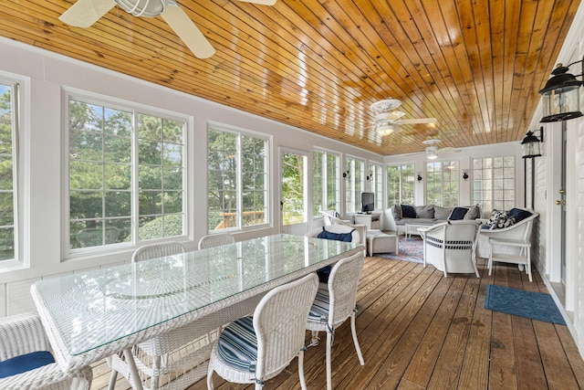 sunroom / solarium featuring ceiling fan and wood ceiling