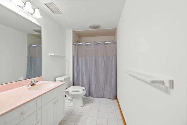 bathroom featuring a shower with curtain, toilet, tile patterned flooring, and vanity