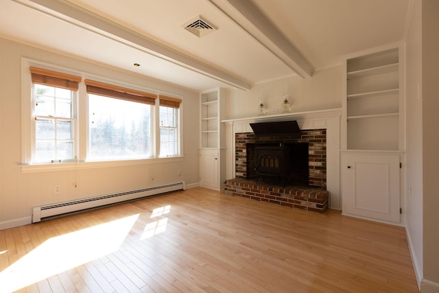 unfurnished living room featuring beamed ceiling, wood finished floors, visible vents, and baseboard heating