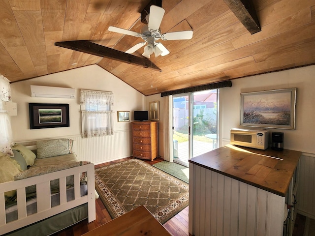 bedroom with ceiling fan, access to outside, dark hardwood / wood-style flooring, wood ceiling, and an AC wall unit