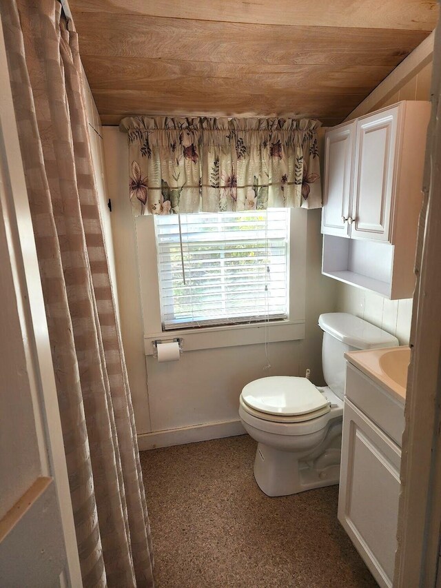 bathroom with wooden ceiling, toilet, and vanity