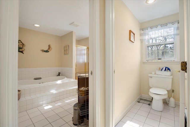 bathroom with tile patterned flooring, a bath, a shower stall, toilet, and recessed lighting
