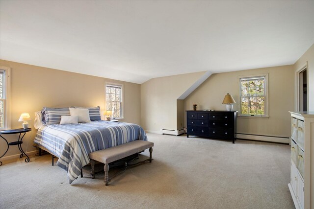 bedroom with a baseboard radiator, multiple windows, and light colored carpet