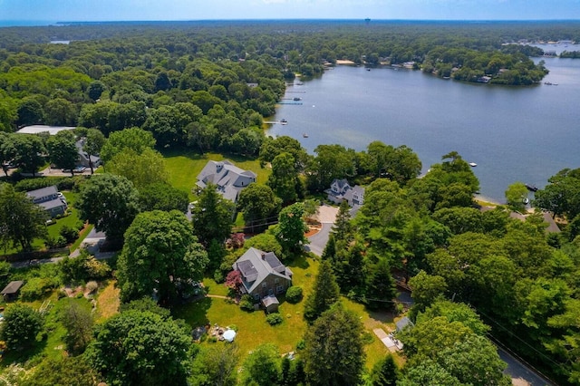 aerial overview of property's location with a large body of water and a heavily wooded area