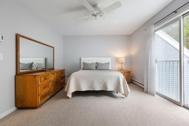 288 Fletcher Ln, Brewster, MA 02631 - bedroom with light colored carpet, a baseboard heating unit, a ceiling fan, and access to exterior