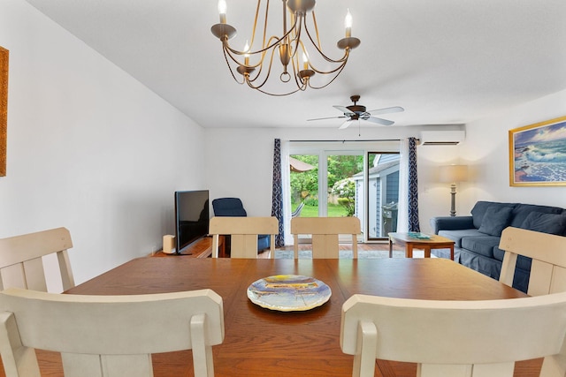 288 Fletcher Ln, Brewster, MA 02631 - dining area featuring a wall mounted AC, a chandelier, and a ceiling fan