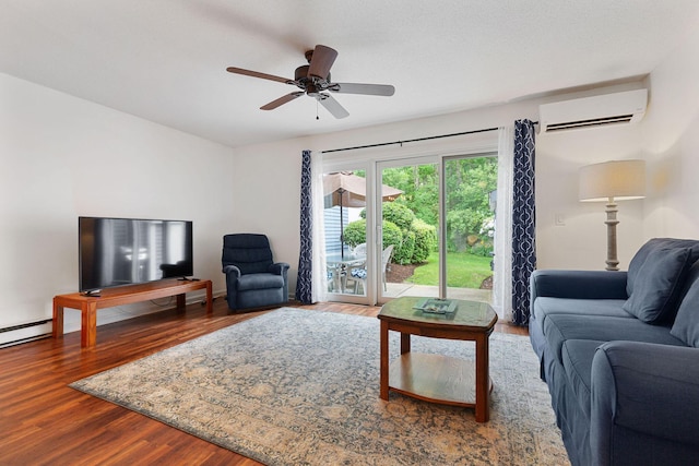 288 Fletcher Ln, Brewster, MA 02631 - living area featuring an AC wall unit, wood finished floors, and a ceiling fan