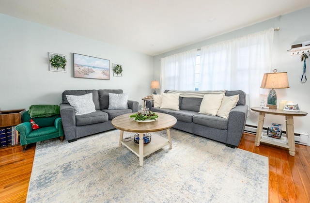 living room featuring hardwood / wood-style flooring and a baseboard heating unit