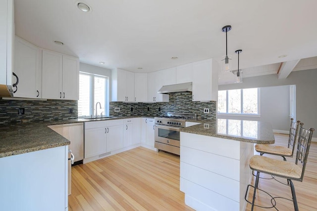 kitchen featuring a breakfast bar area, white cabinetry, light hardwood / wood-style flooring, pendant lighting, and stainless steel appliances