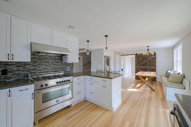 kitchen with decorative light fixtures, kitchen peninsula, stainless steel appliances, a barn door, and exhaust hood