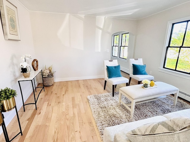 living area with wood finished floors, crown molding, arched walkways, baseboards, and baseboard heating
