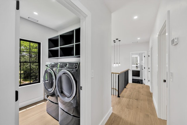 2 Buttercup Ln, South Yarmouth, MA 02664 - washroom with washer and clothes dryer, light wood finished floors, and recessed lighting