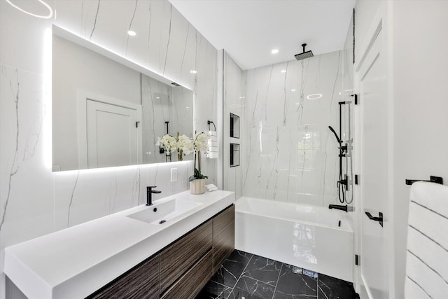 2 Buttercup Ln, South Yarmouth, MA 02664 - full bathroom featuring vanity, marble look tiles, a combined bath / shower with rainfall shower, and recessed lighting