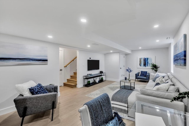 2 Buttercup Ln, South Yarmouth, MA 02664 - living room featuring stairway, light wood finished floors, and recessed lighting