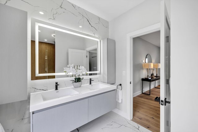 2 Buttercup Ln, South Yarmouth, MA 02664 - full bathroom featuring marble finish flooring, double vanity, and recessed lighting