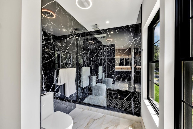 2 Buttercup Ln, South Yarmouth, MA 02664 - bathroom with marble tiled flooring, a marble finish shower, and recessed lighting