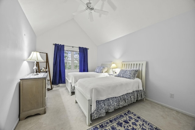 bedroom featuring light colored carpet, high vaulted ceiling, baseboards, and ceiling fan