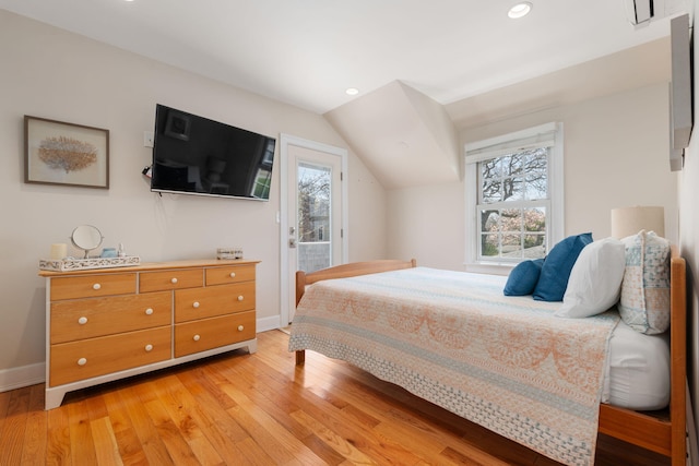 bedroom with baseboards, light wood-style floors, access to outside, and recessed lighting