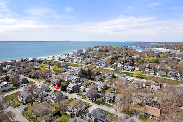 aerial view featuring a water view and a residential view