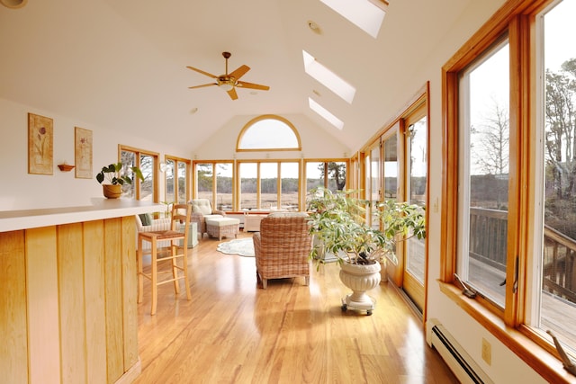 sunroom with ceiling fan, vaulted ceiling with skylight, and baseboard heating