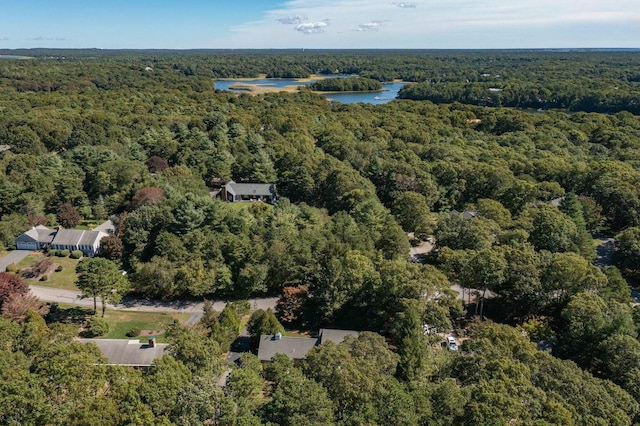drone / aerial view with a water view and a view of trees