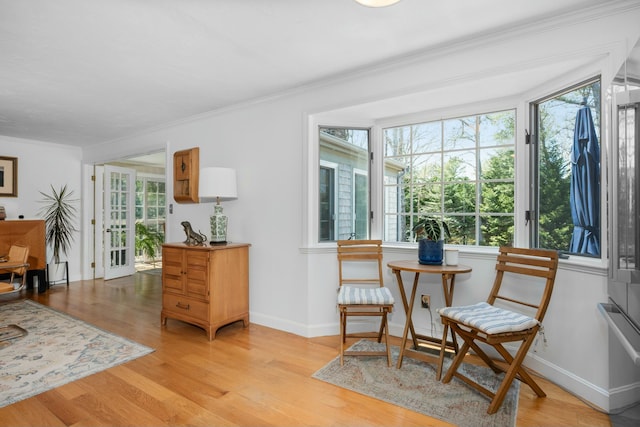 living area featuring ornamental molding, a wealth of natural light, and wood finished floors