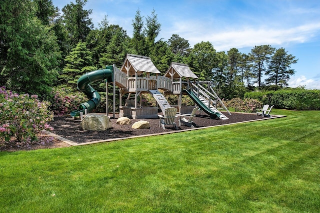 view of playground featuring a lawn