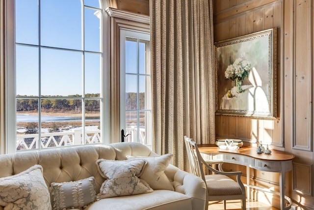 sitting room featuring plenty of natural light and wood walls