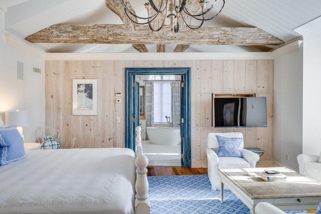 bedroom featuring lofted ceiling with beams, black fridge, hardwood / wood-style floors, and wooden walls