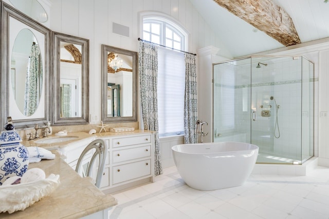 bathroom with tile patterned floors, vanity, plus walk in shower, and vaulted ceiling