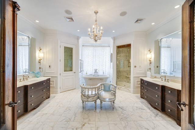 bathroom featuring ornamental molding, separate shower and tub, vanity, and an inviting chandelier