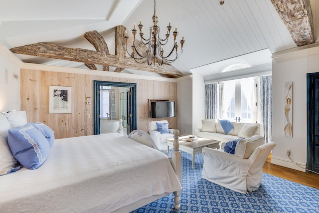 bedroom with multiple windows, beam ceiling, wooden walls, and wood-type flooring