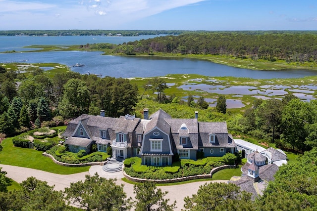 drone / aerial view featuring a water view