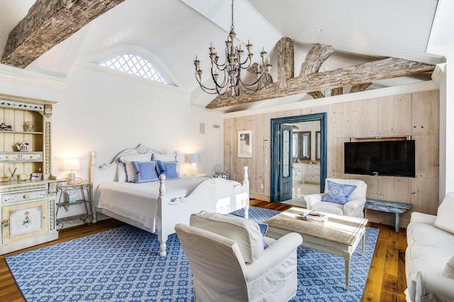 bedroom with a notable chandelier, high vaulted ceiling, dark hardwood / wood-style floors, and wood walls