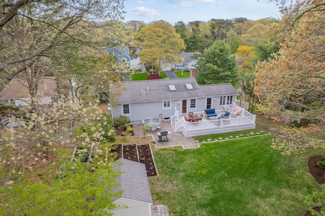 359 Lake Elizabeth Dr, Centerville, MA 02632 - rear view of property with outdoor lounge area, a wooden deck, a lawn, and a chimney
