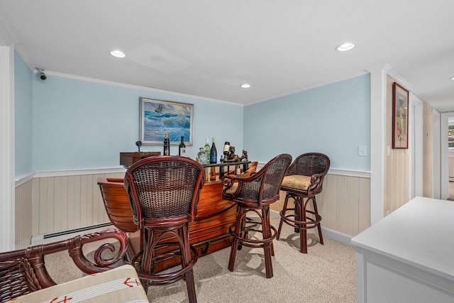 359 Lake Elizabeth Dr, Centerville, MA 02632 - indoor dry bar with wainscoting, light carpet, ornamental molding, a baseboard radiator, and recessed lighting