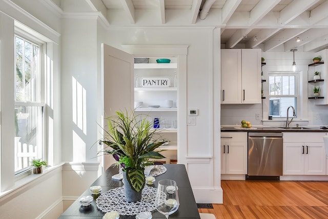 kitchen featuring a sink, plenty of natural light, stainless steel dishwasher, and dark countertops