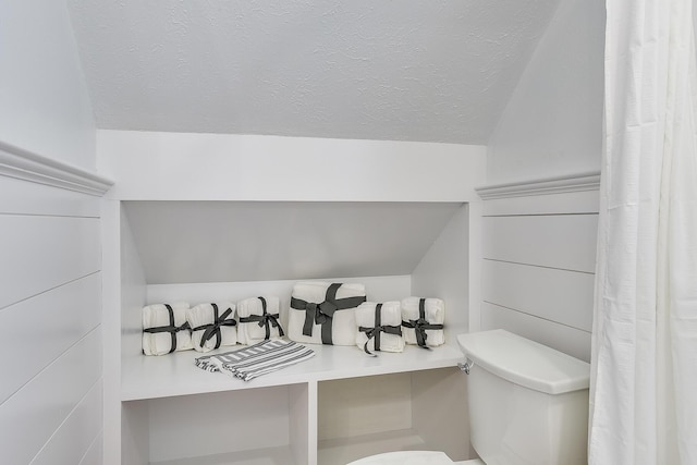 bathroom featuring lofted ceiling, toilet, and a textured ceiling